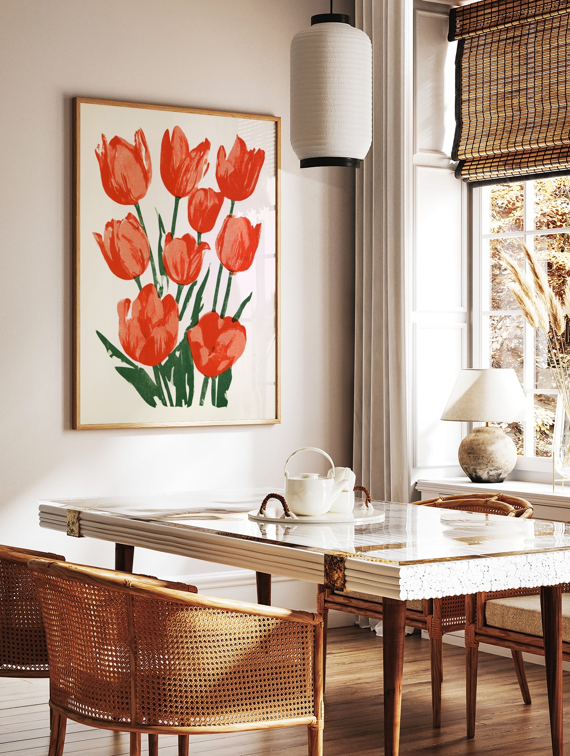 Red tulip flower botanical illustration with green stems and leaves on a clean white background as, in a styled room mockup