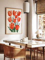 Red tulip flower botanical illustration with green stems and leaves on a clean white background as, in a styled room mockup