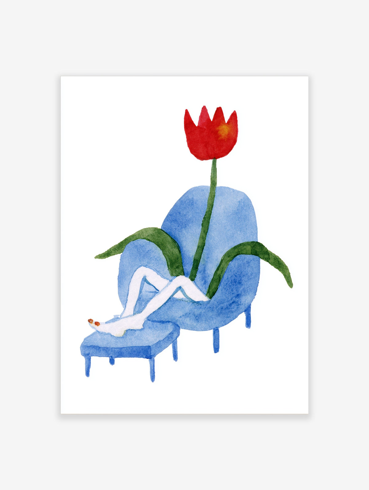 Red tulip flower growing from blue armchair with white legs on footstool, watercolour poster