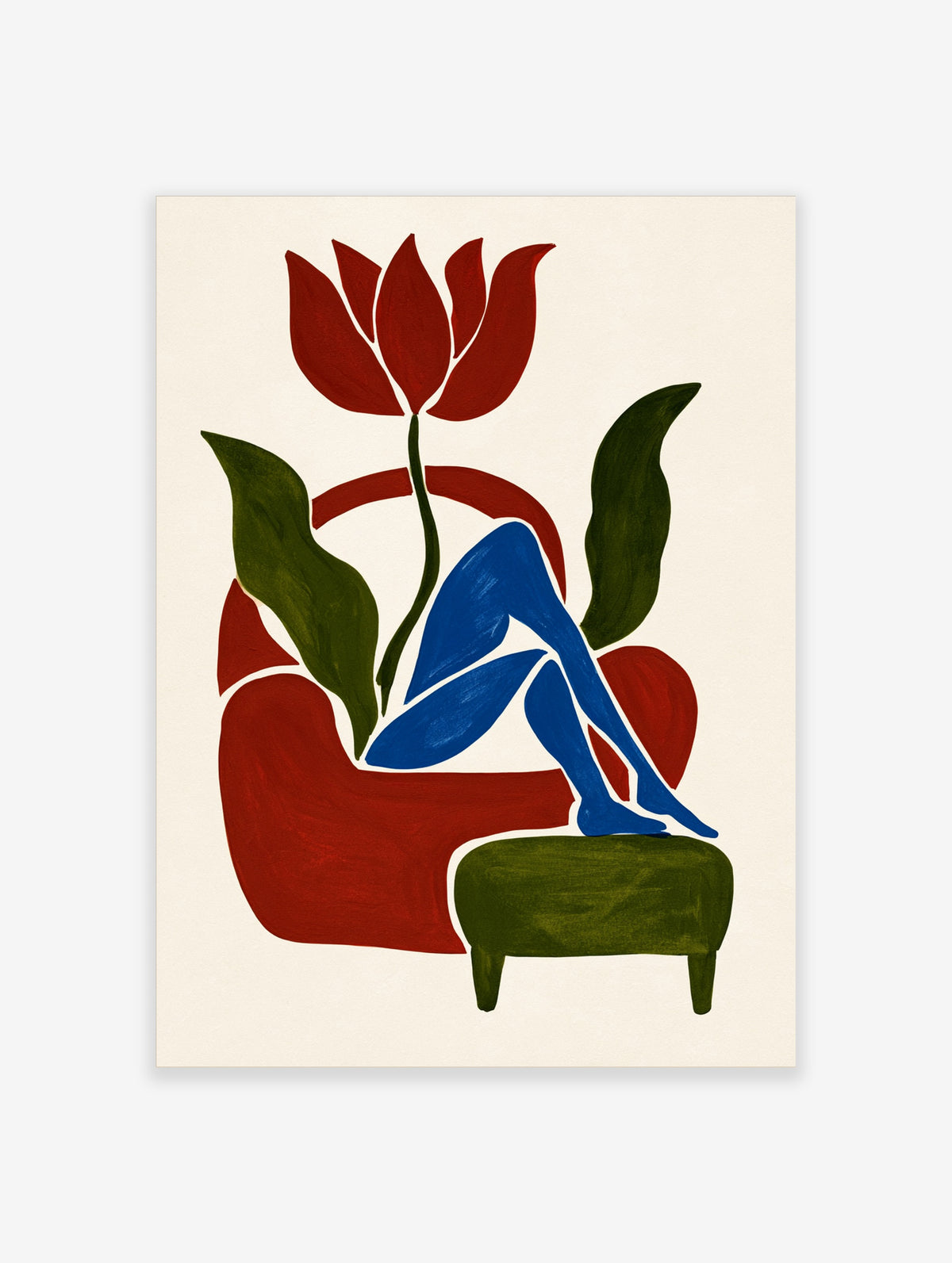 Red tulip and blue seated figure art print on cream background