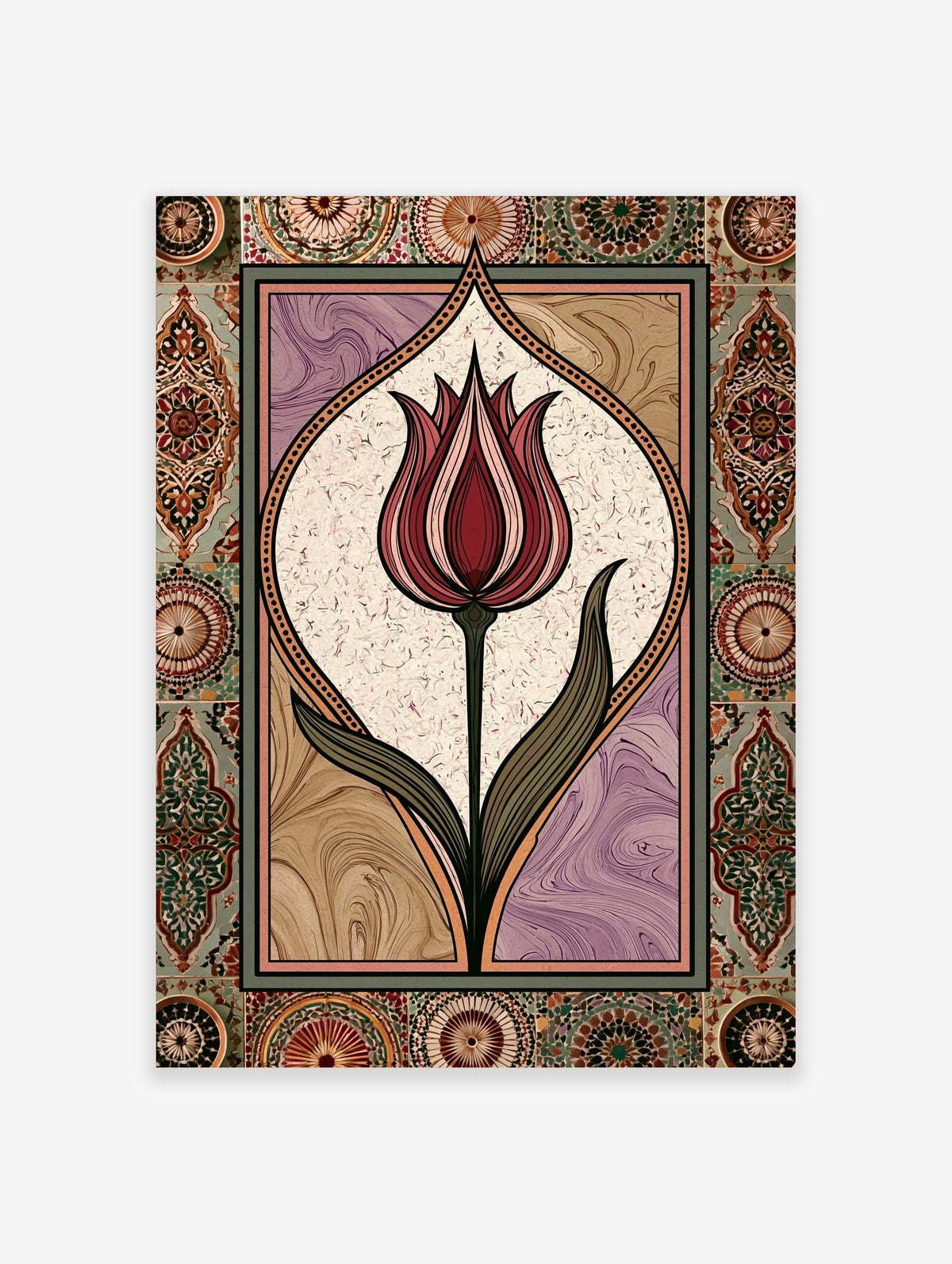 Red tulip flower with pointed petals and curved leaves inside an ornate Islamic tile border on cream background