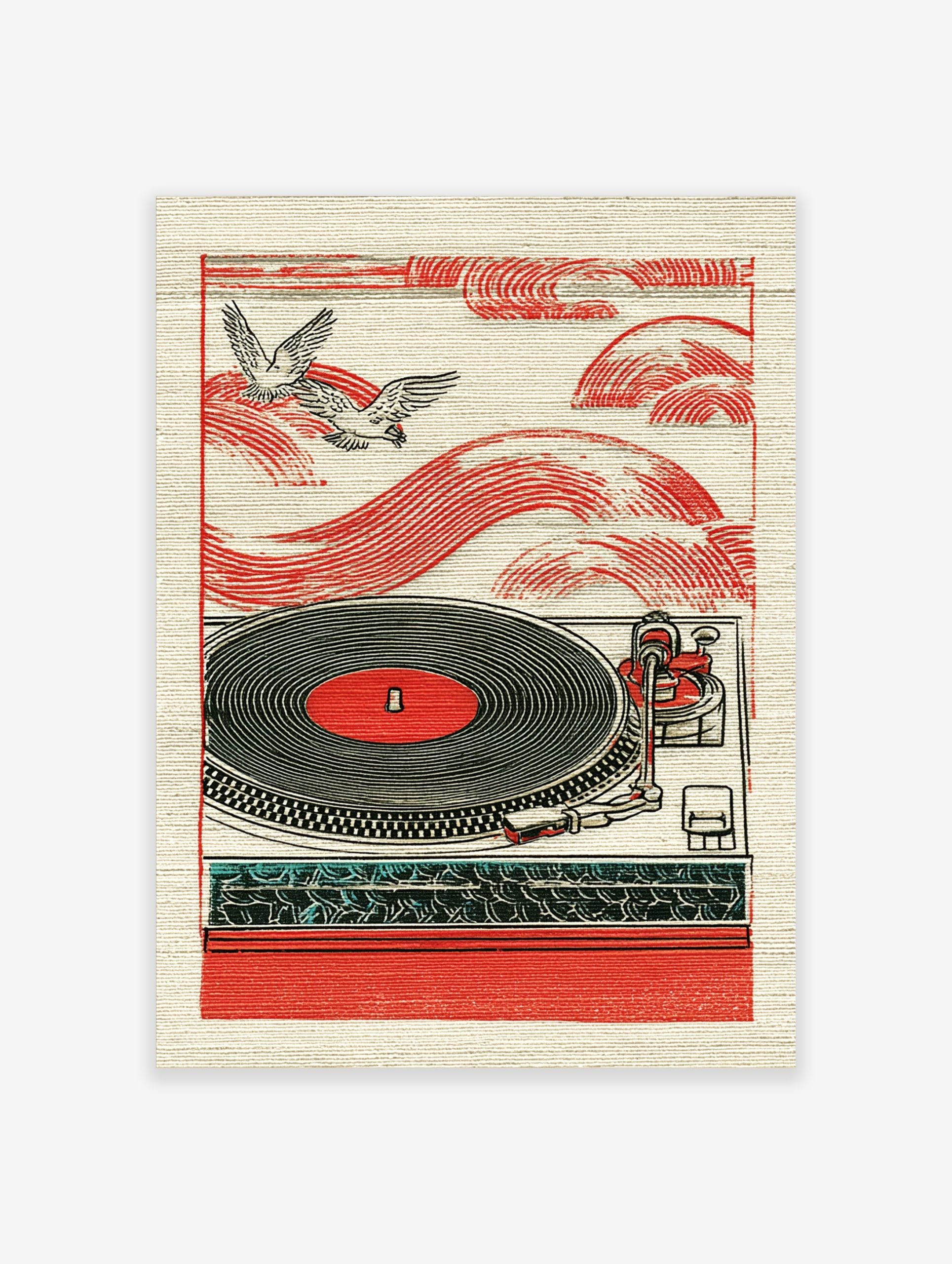 Red turntable with black vinyl record, two flying birds, and red wave patterns in illustrative style