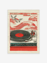 Red turntable with black vinyl record, two flying birds, and red wave patterns in illustrative style