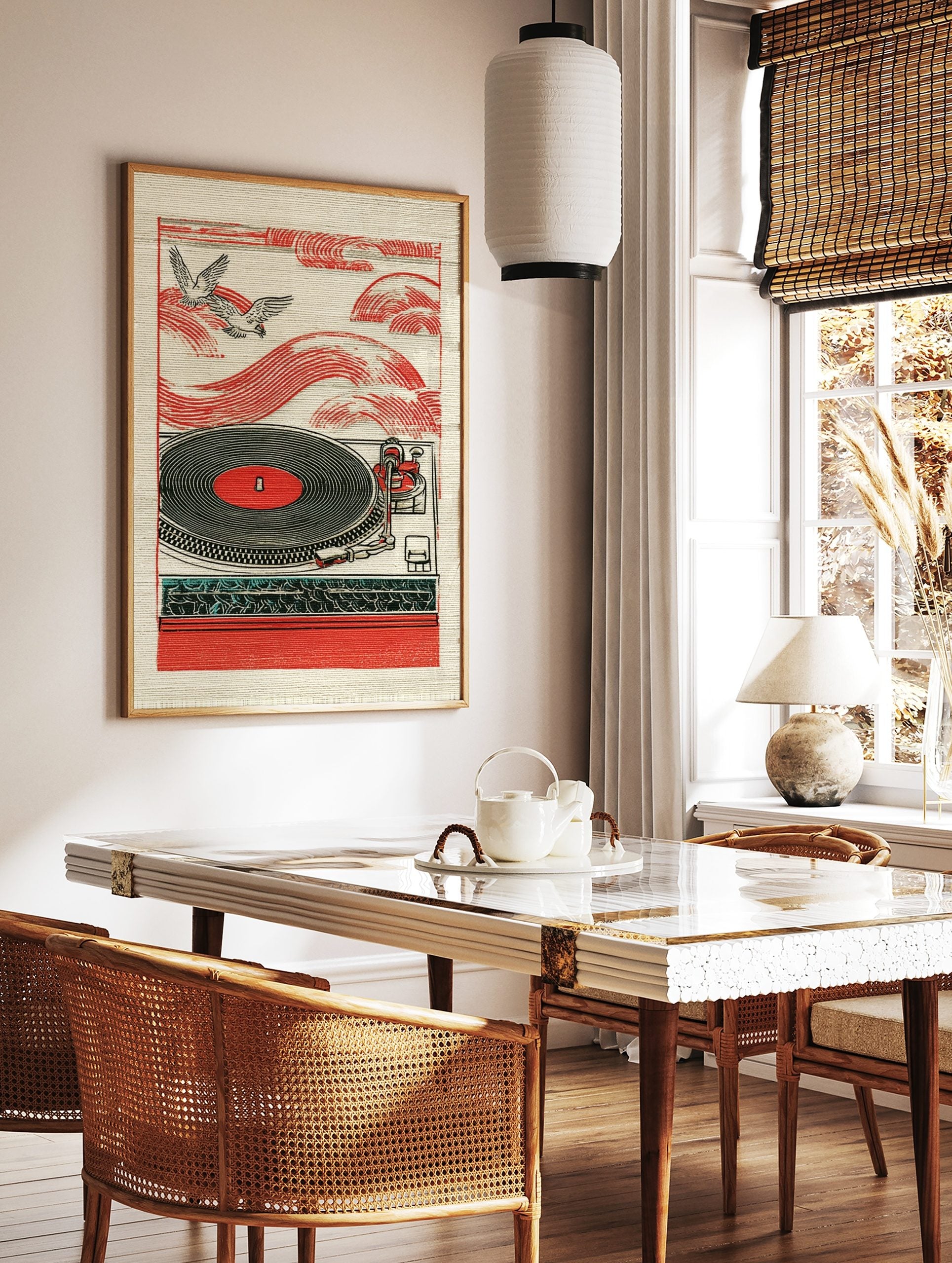 Red turntable with black vinyl record, two flying birds, and red wave patterns in illustrative style, in a styled room mockup