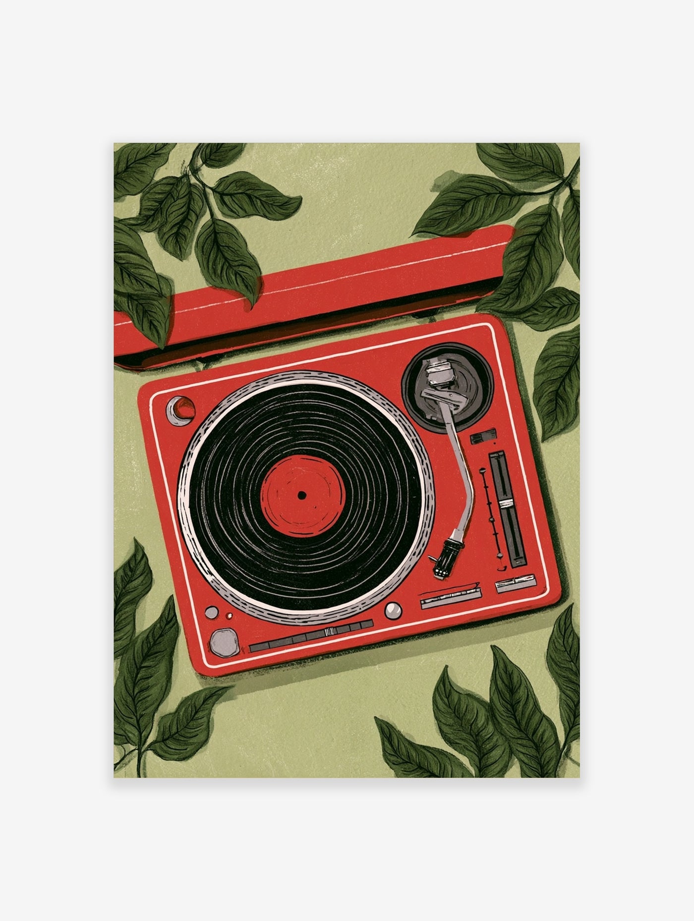 Illustrative red turntable with vinyl record and green leaves in a flat-lay composition on a light green background