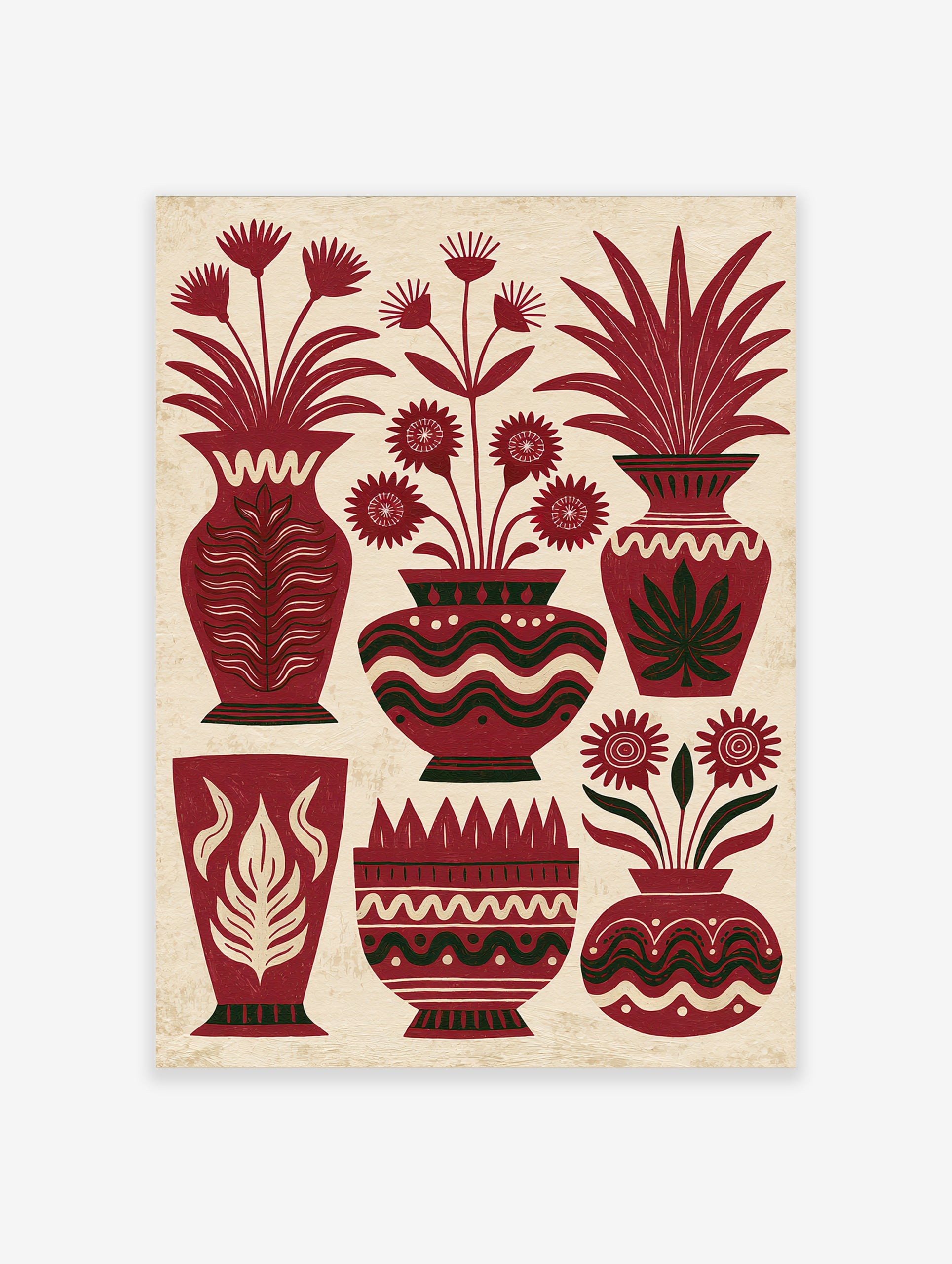 Illustrative red vase wall art with stylized flowers and leafy plants on a textured cream background