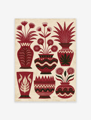 Illustrative red vase wall art with stylized flowers and leafy plants on a textured cream background