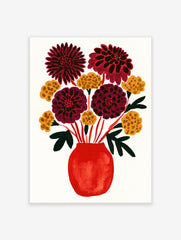 Illustrated red vase with dahlias and yellow flowers on a white background