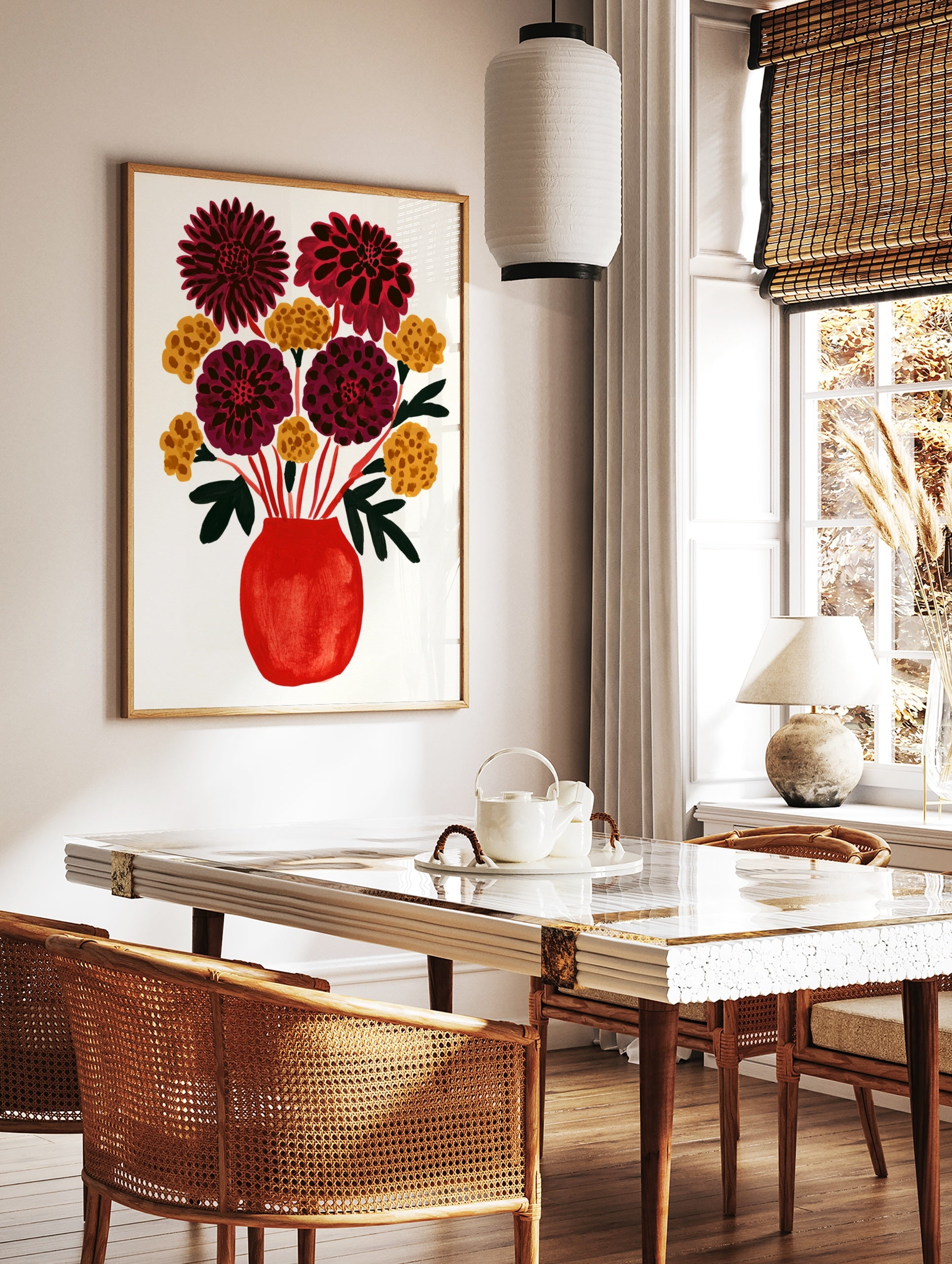 Illustrated red vase with dahlias and yellow flowers on a white background, in a styled room mockup