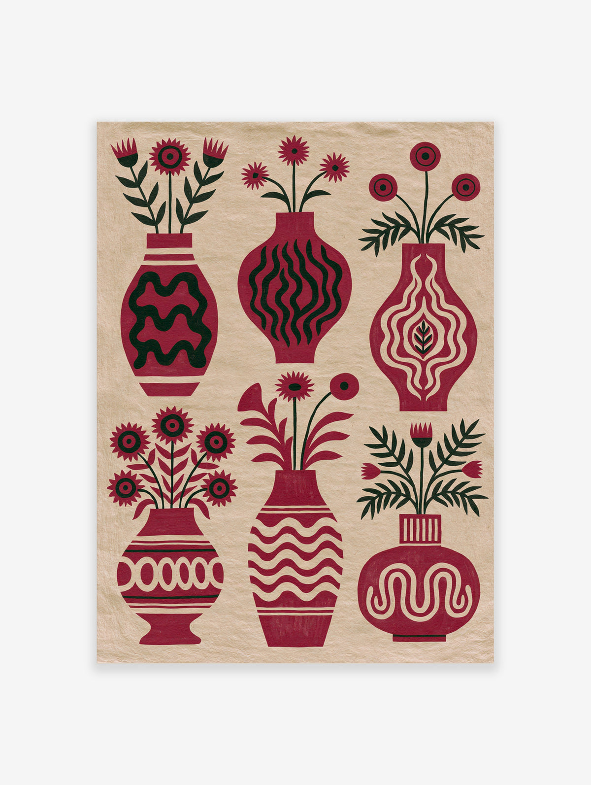 Botanical red vase wall art print with six floral arrangements and dark green foliage on a cream background