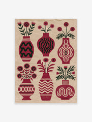Botanical red vase wall art print with six floral arrangements and dark green foliage on a cream background