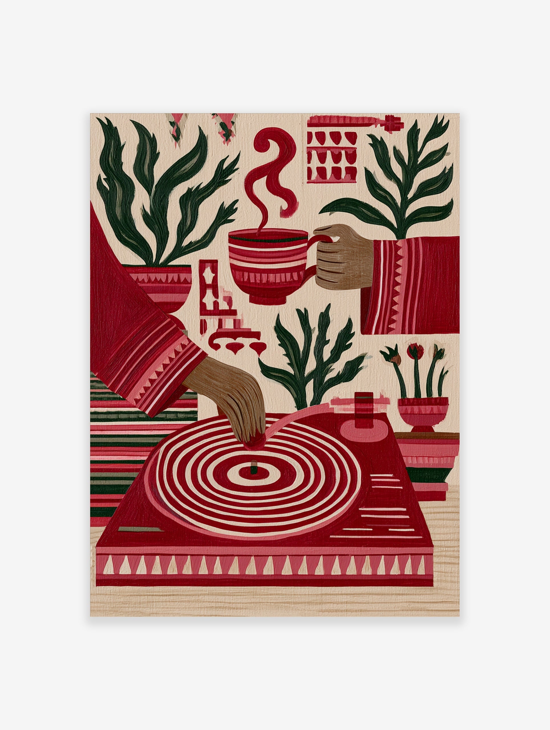 Illustrative red wall art print featuring a turntable, coffee cup, and potted plants on a neutral background