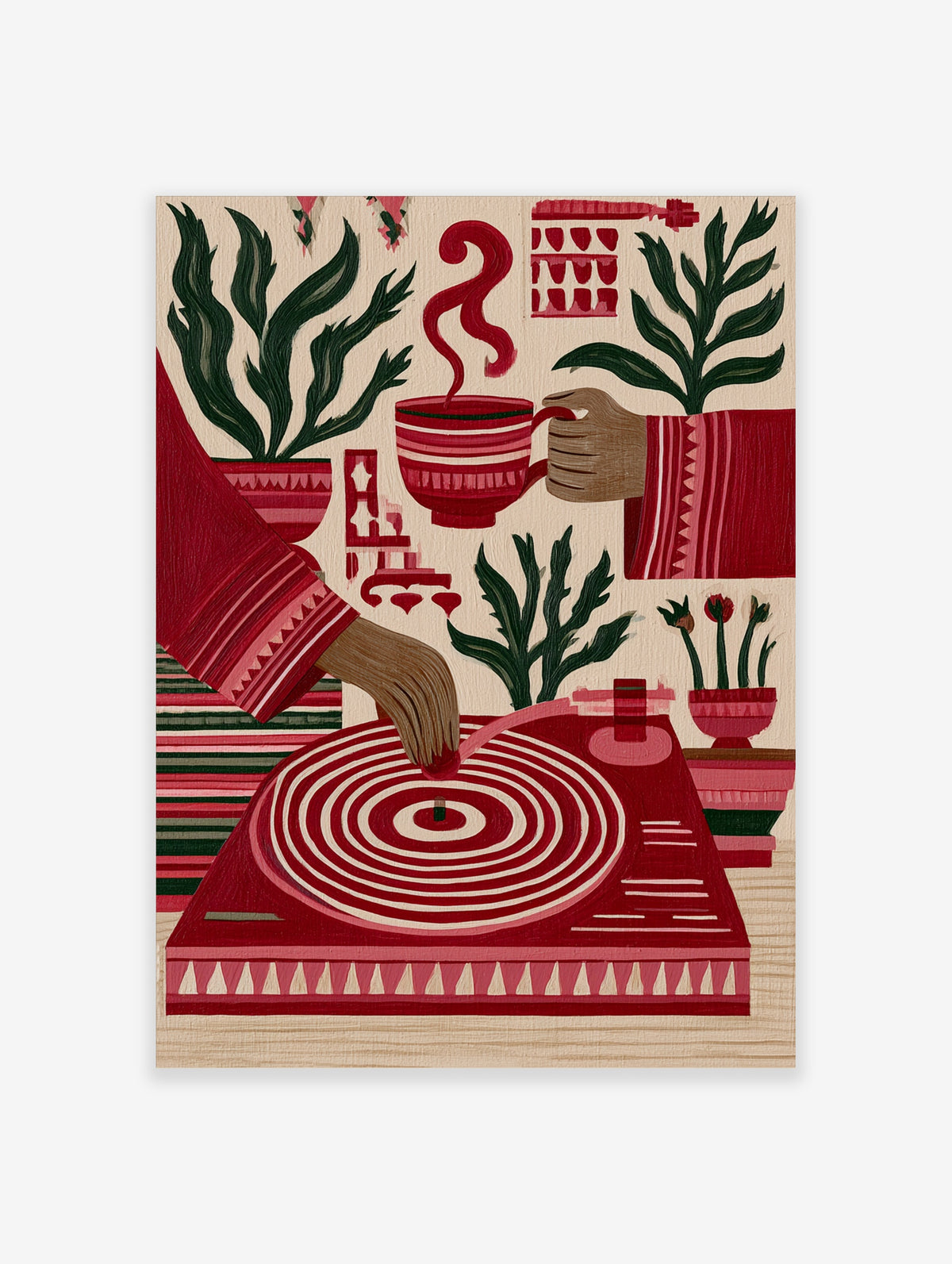 Illustrative red wall art print featuring a turntable, coffee cup, and potted plants on a neutral background