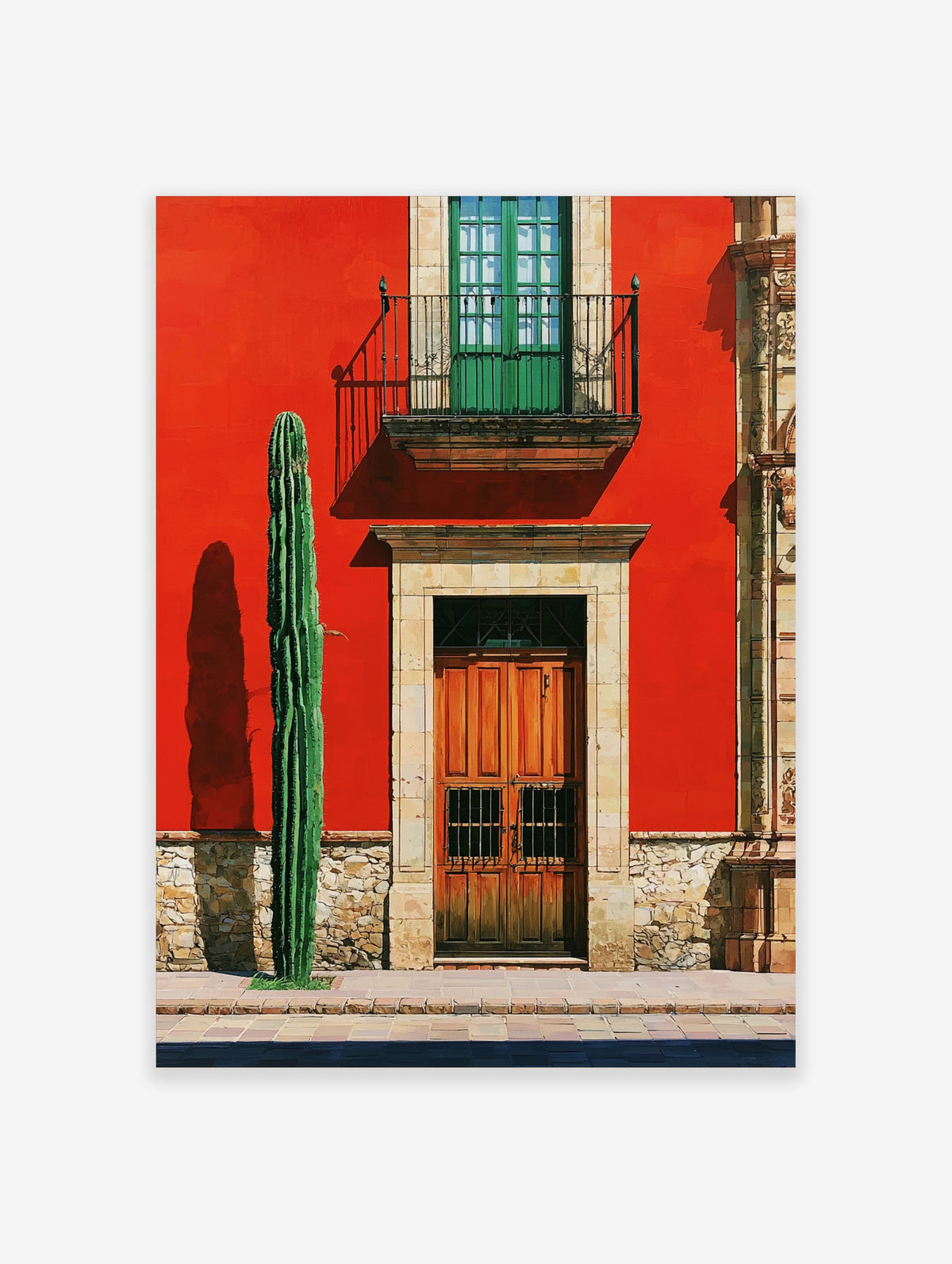Red wall and green cactus art print with wooden doors and balcony in Mexican courtyard style