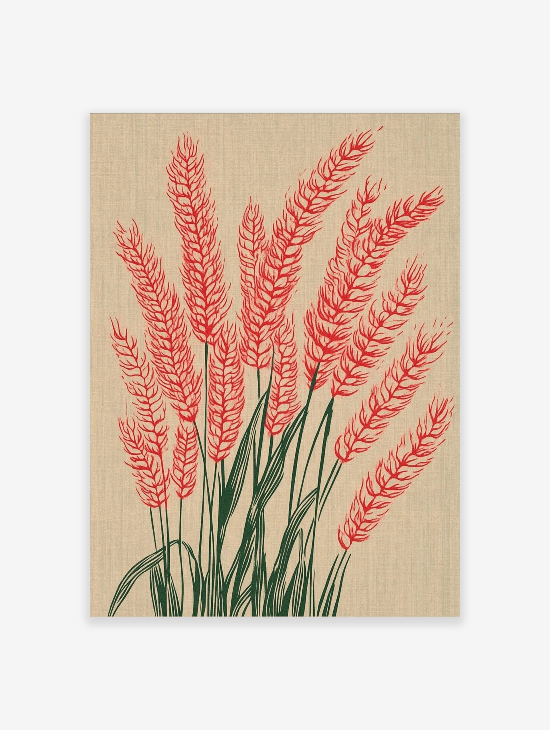 Illustrative red wheat stalks with green stems on a beige background in a vertical composition