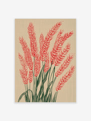 Illustrative red wheat stalks with green stems on a beige background in a vertical composition