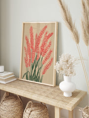Illustrative red wheat stalks with green stems on a beige background in a vertical composition, in an alternate framed mockup