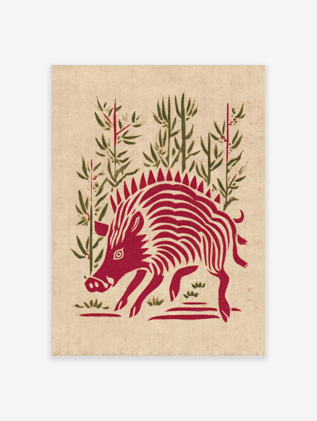 Red wild boar illustration with spiky mane and stripes, standing amidst green bamboo stalks and foliage