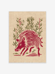 Red wild boar illustration with spiky mane and stripes, standing amidst green bamboo stalks and foliage