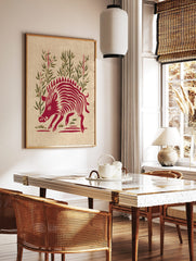 Red wild boar illustration with spiky mane and stripes, standing amidst green bamboo stalks and, in a styled room mockup