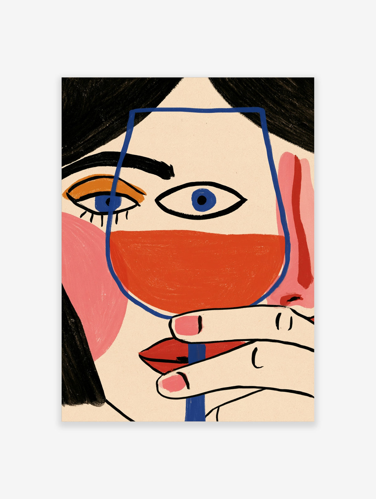 Colourful female face poster holding a red wine glass with blue outline and graphic eyes