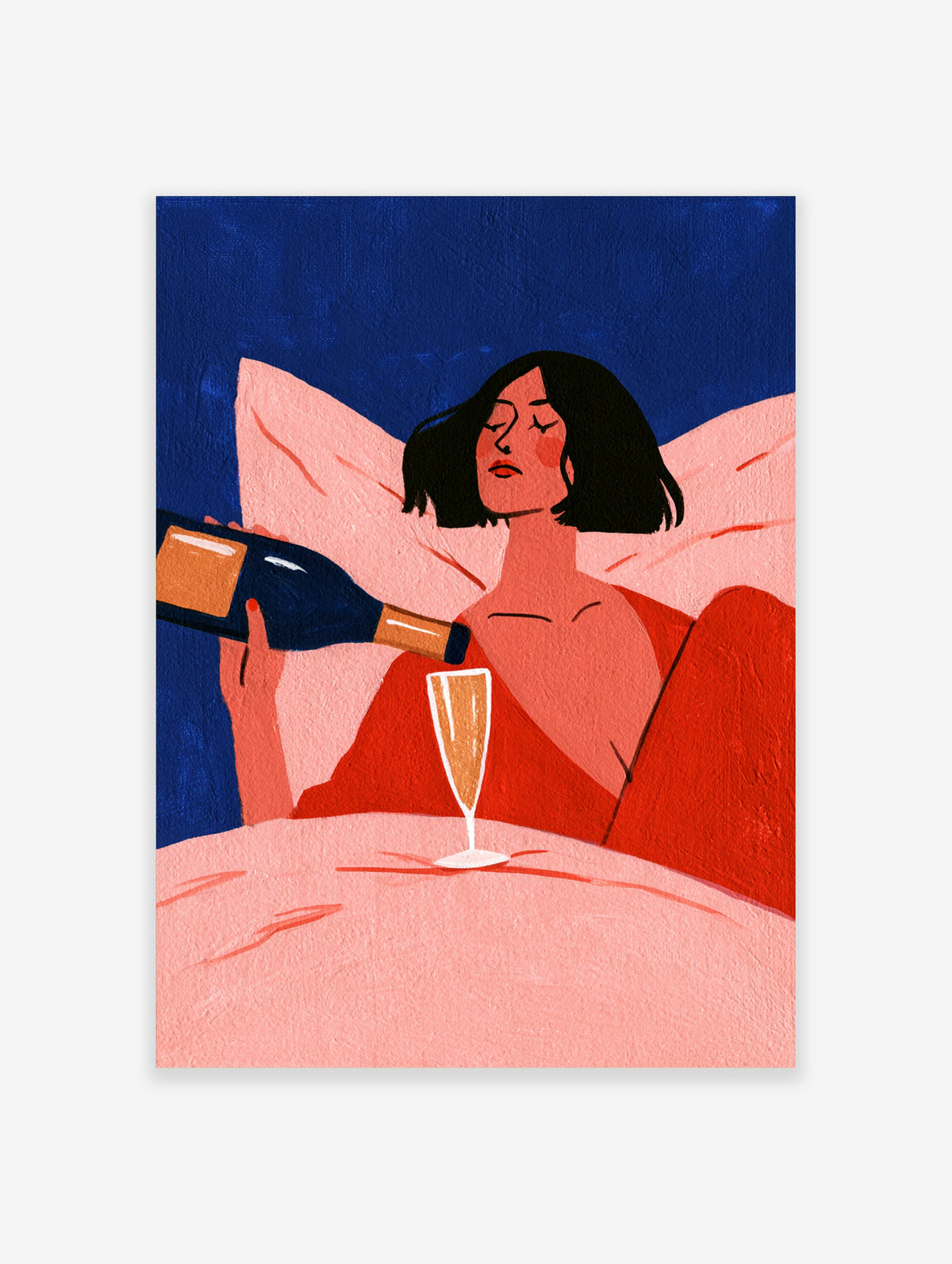 Red wine poster of a woman in a red robe pouring a drink into a glass while resting on pink pillows against a deep blue
