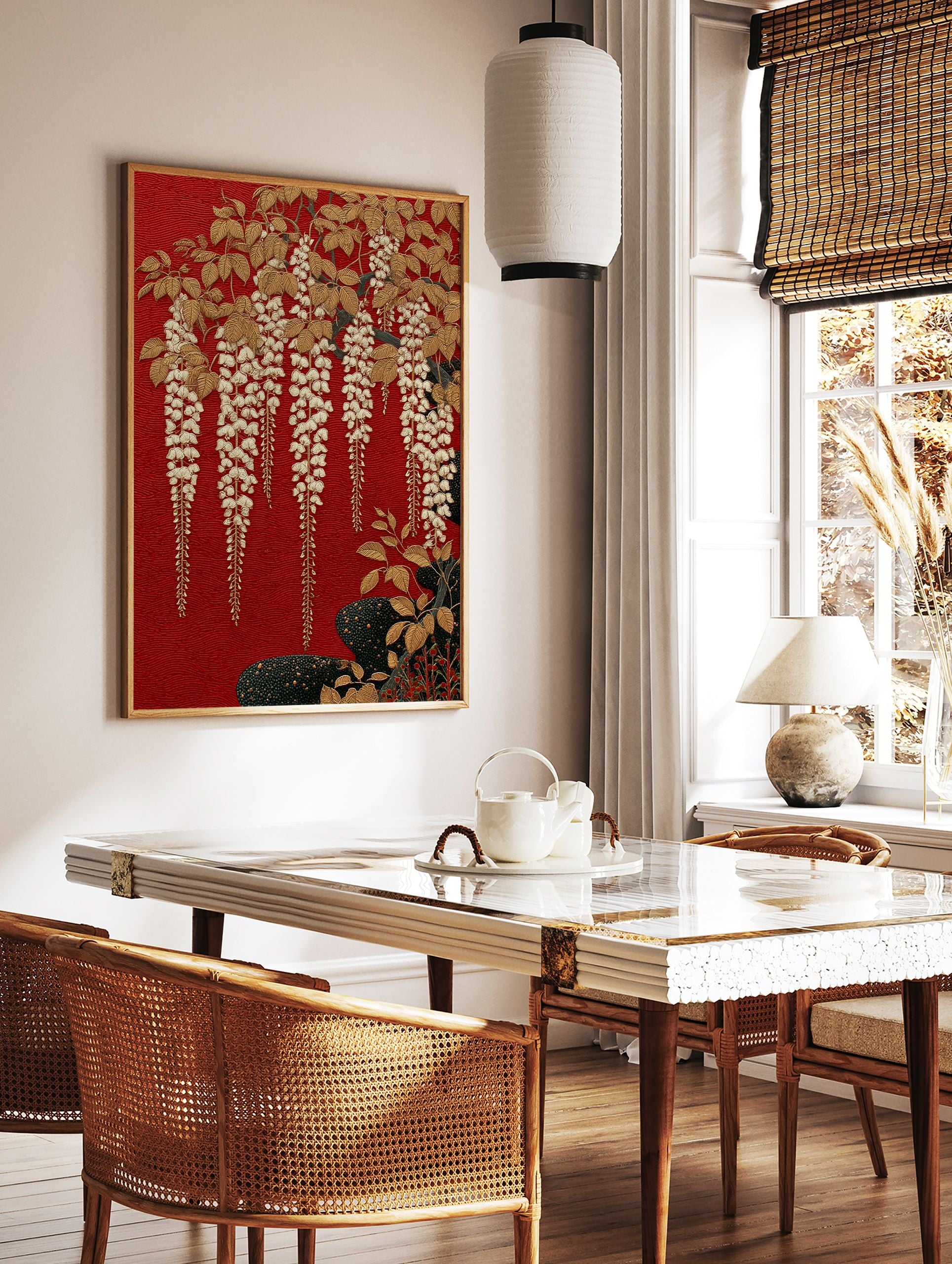 Red Wisteria Poster featuring elegant gold wisteria flowers and leaves on a textured red background with dark base elements. - Image 2