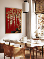 Red Wisteria Poster featuring elegant gold wisteria flowers and leaves on a textured red background with dark base elements. - Image 2