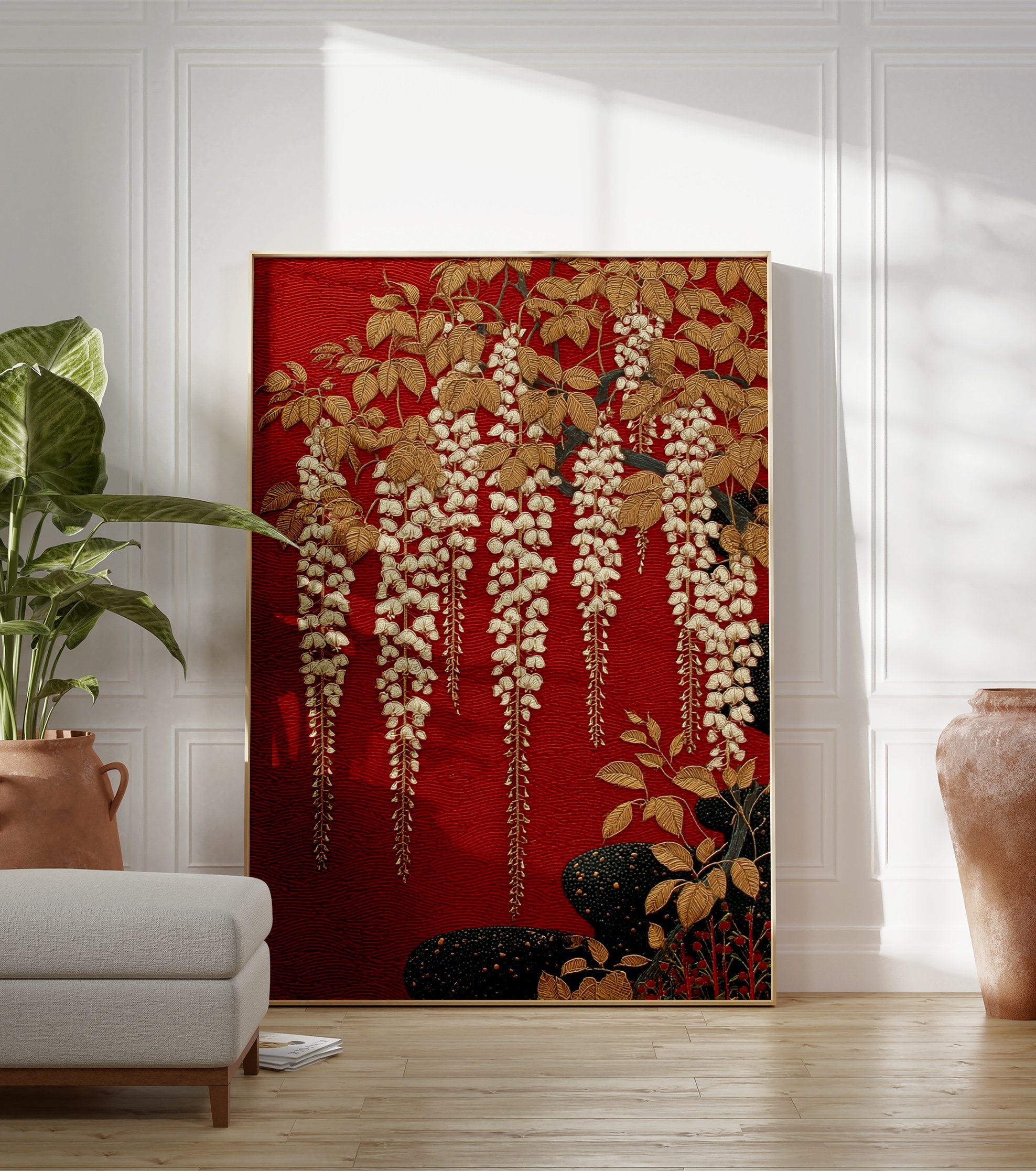 Red Wisteria Poster featuring elegant gold wisteria flowers and leaves on a textured red background with dark base elements. - Image 3