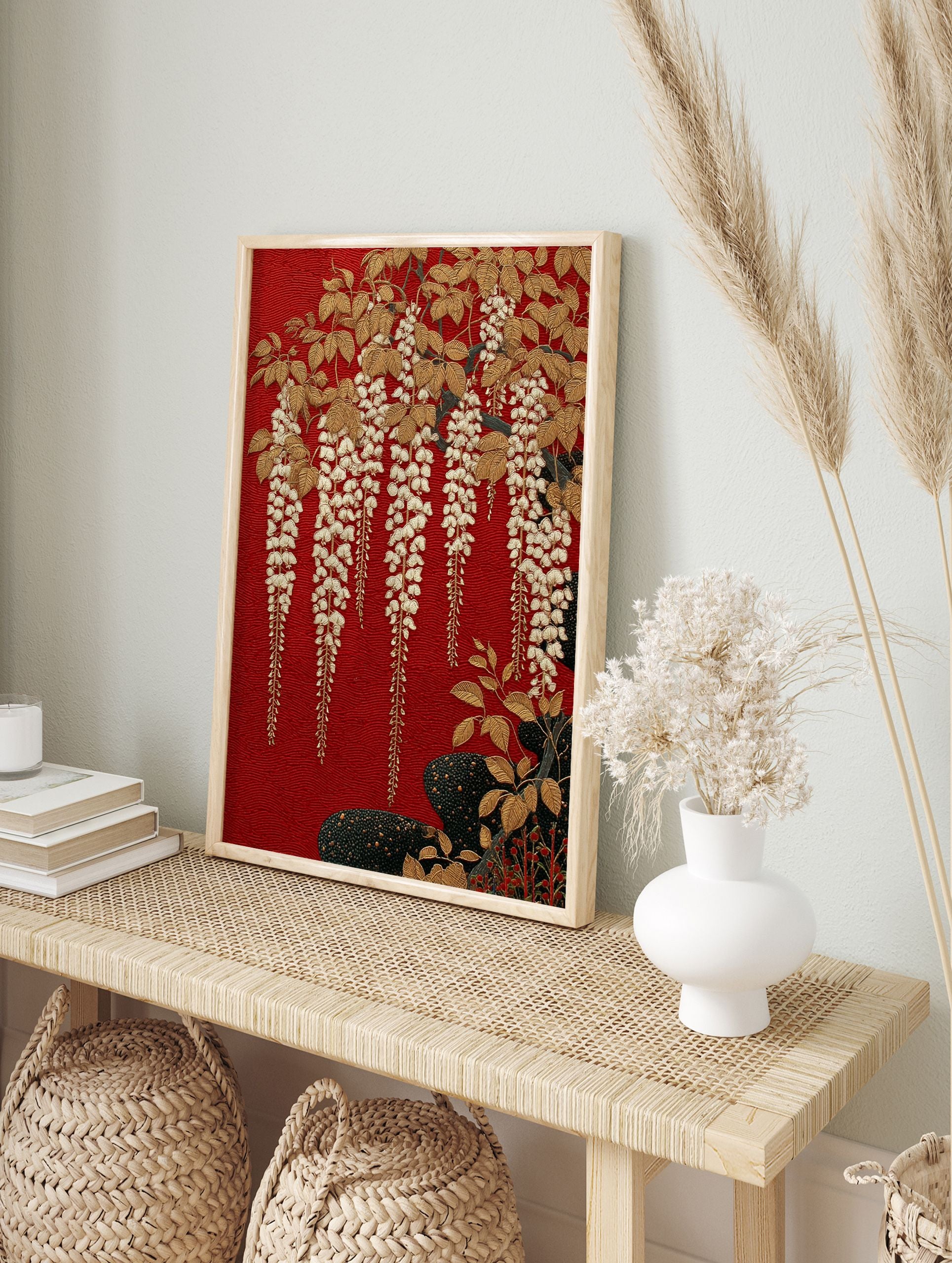 Red Wisteria Poster featuring elegant gold wisteria flowers and leaves on a textured red background with dark base elements. - Image 4