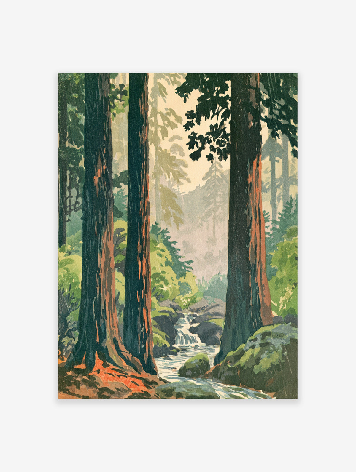 Redwood forest waterfall art print with tall rust-red trunks, green ferns, and rocky stream