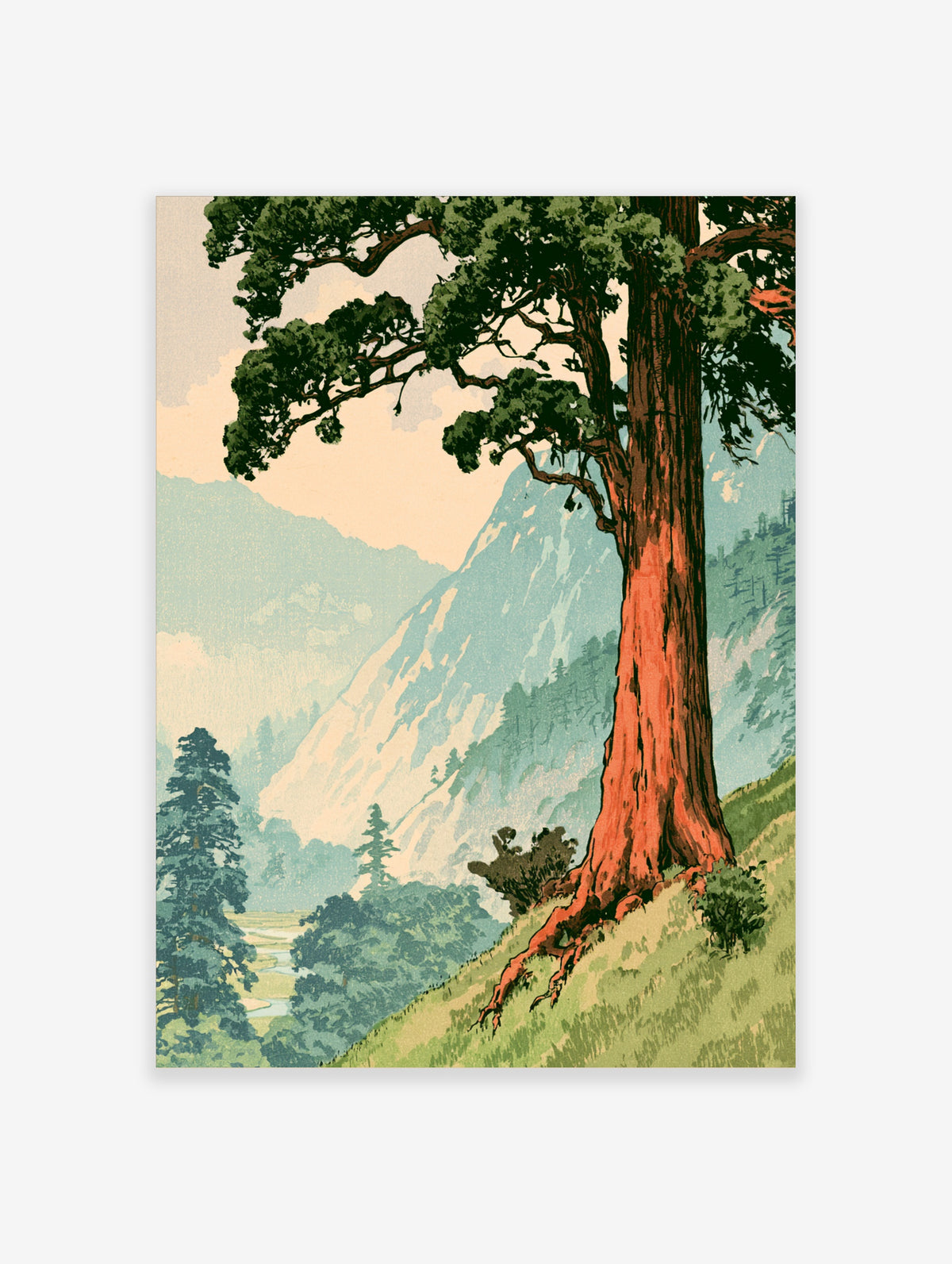 Redwood tree with orange trunk and green canopy on grassy slope, pale blue mountains behind, vintage landscape art print