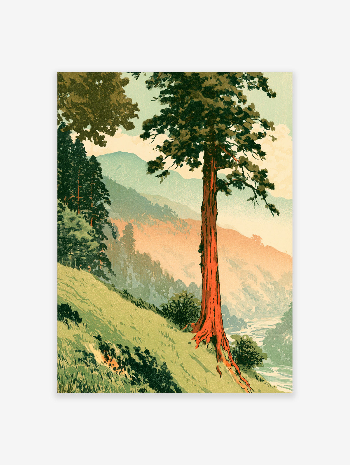 Vintage-style redwood tree landscape poster with orange trunk, green mountains and pale sky