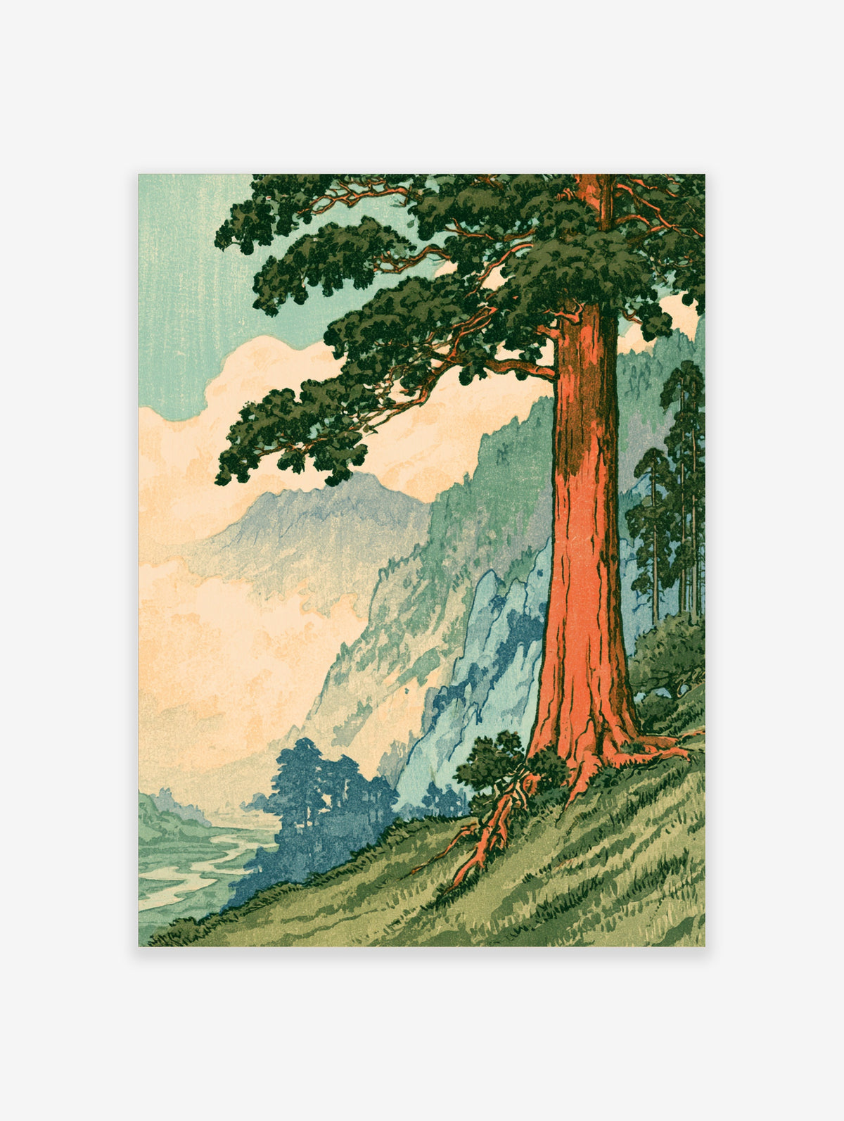 Vintage style landscape poster of a giant redwood tree on a grassy slope with blue mountains and a winding river