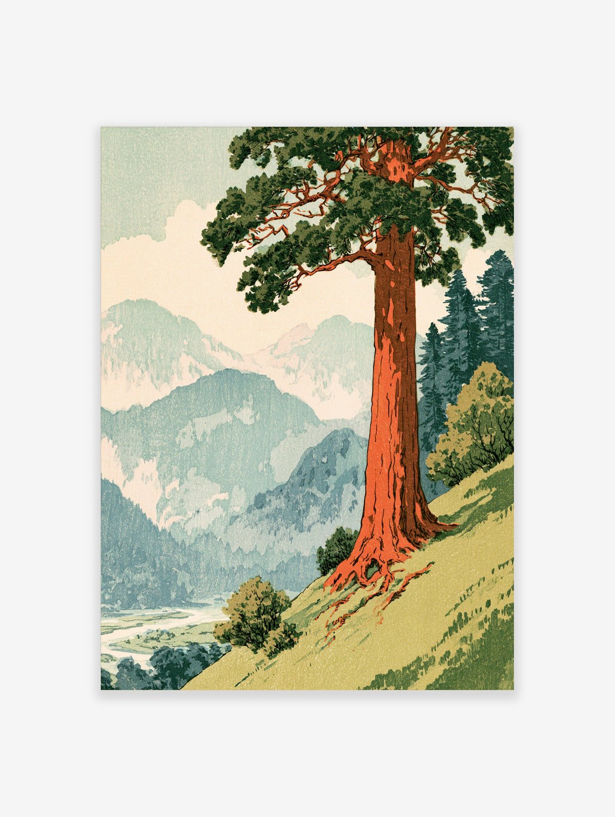Redwood tree poster with orange trunk, green canopy, and blue mountain valley landscape