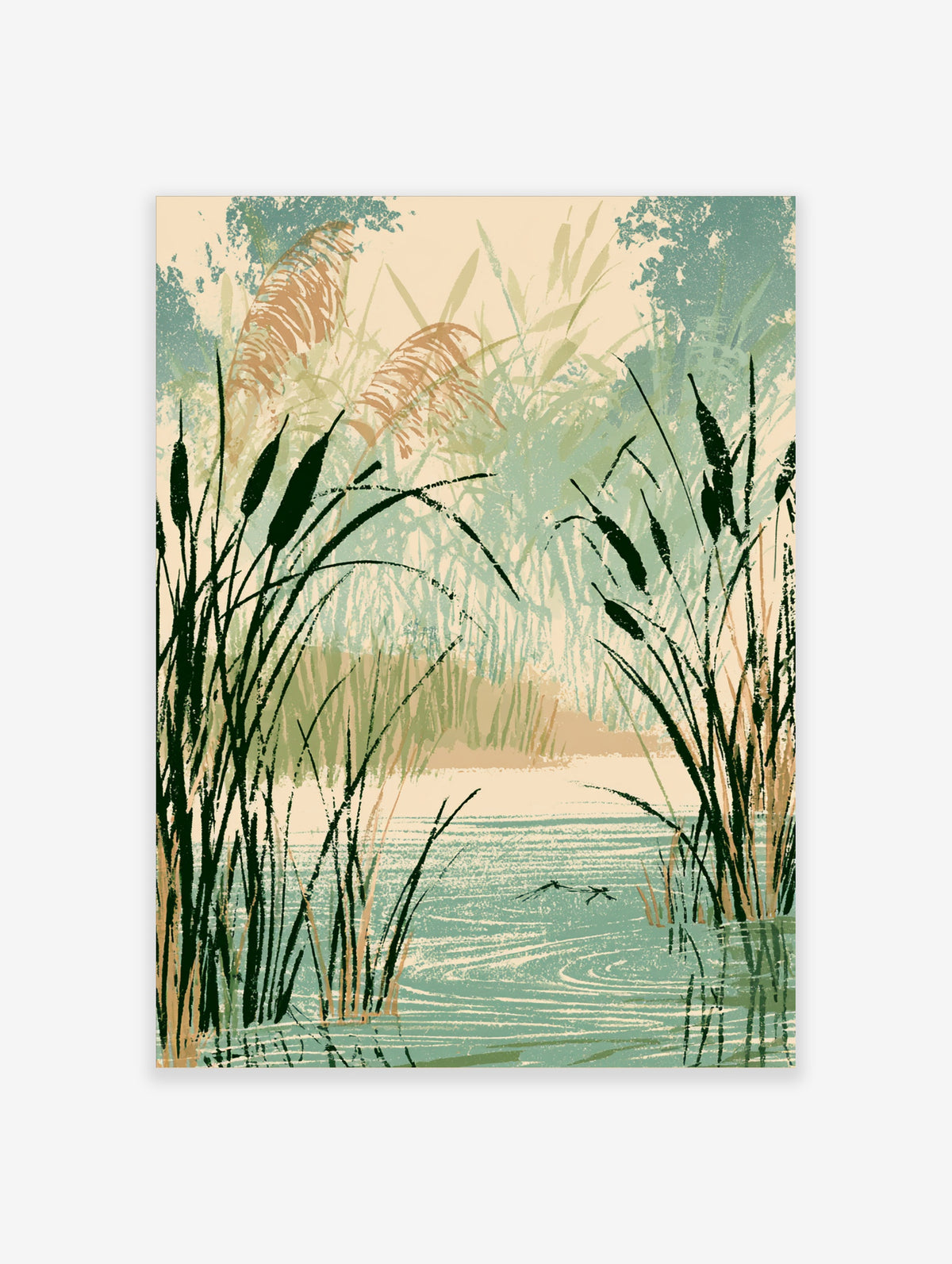 Reed and cattail marsh art print with teal water, green stems, and beige sky
