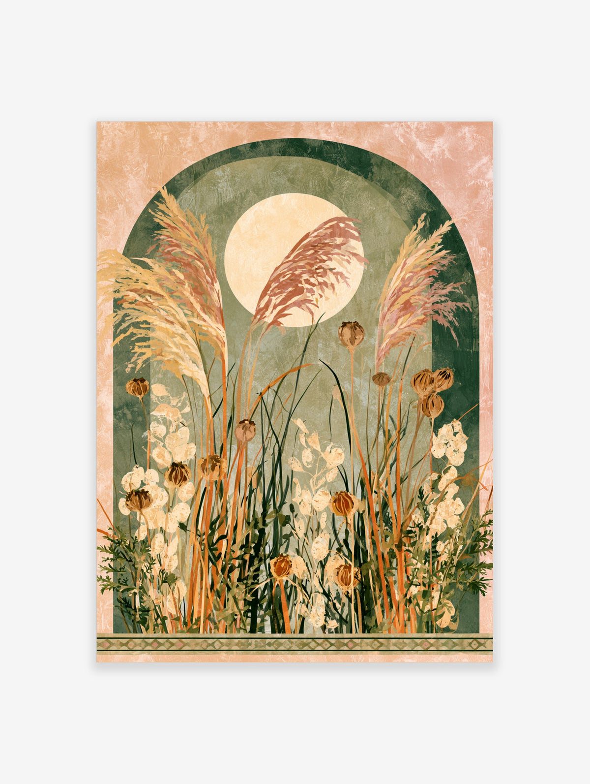Reed grass and seed pods botanical print with pale moon and dark green arch