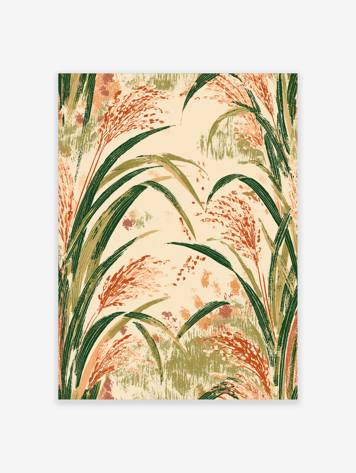 Reed grass botanical art print with green leaves and orange seed heads on cream