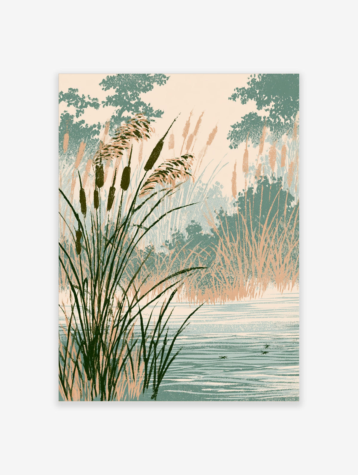 Reed grass and bulrush art print with green stems, brown seed heads and calm marsh water