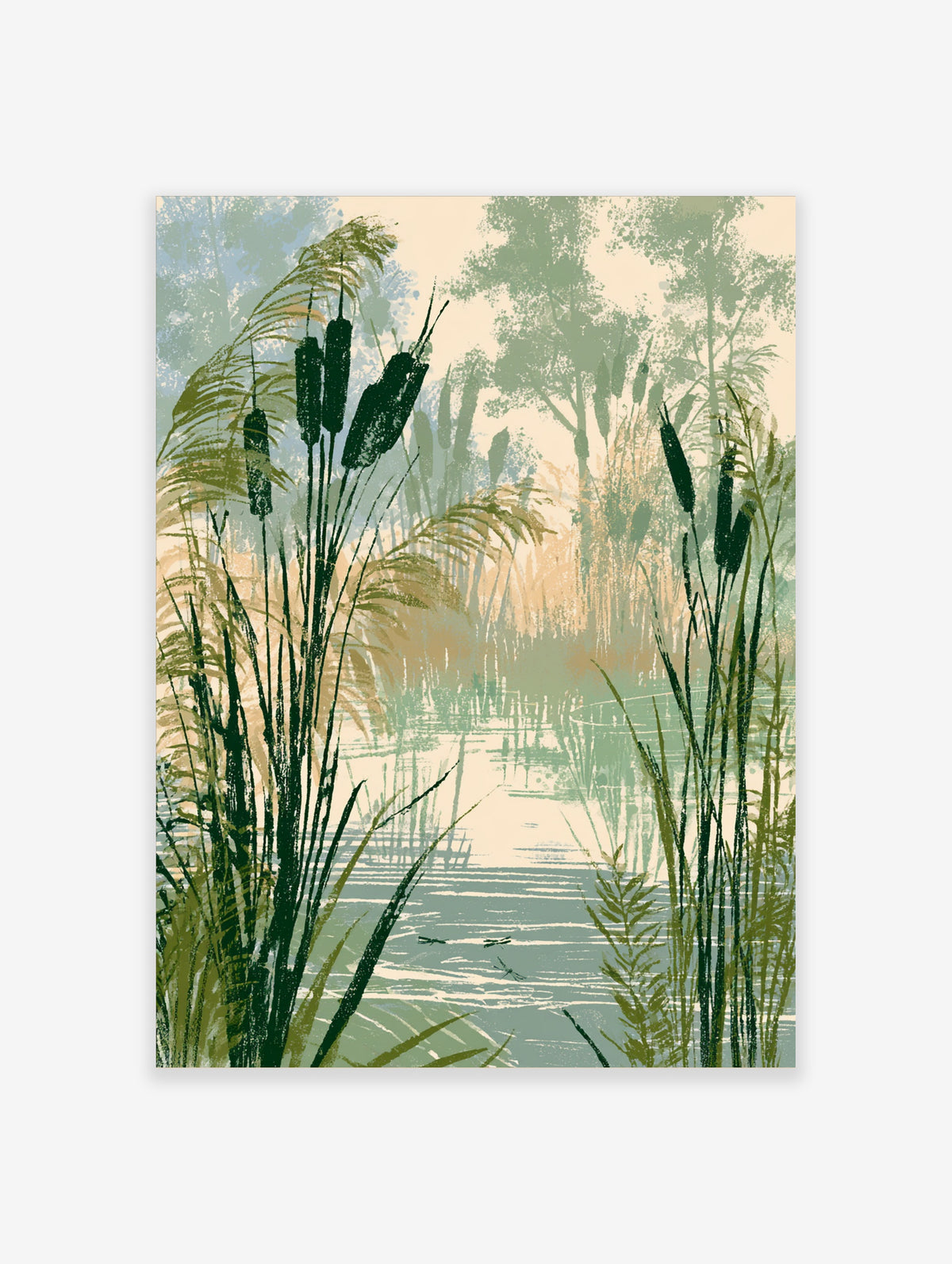 Green reed grass and bulrush wetland art print with still water and soft beige background
