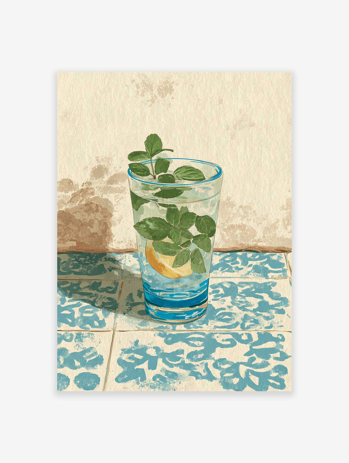 Illustrative refreshing drink wall art with mint, lemon, and ice in a glass on blue patterned tiles against a textured beige wall.