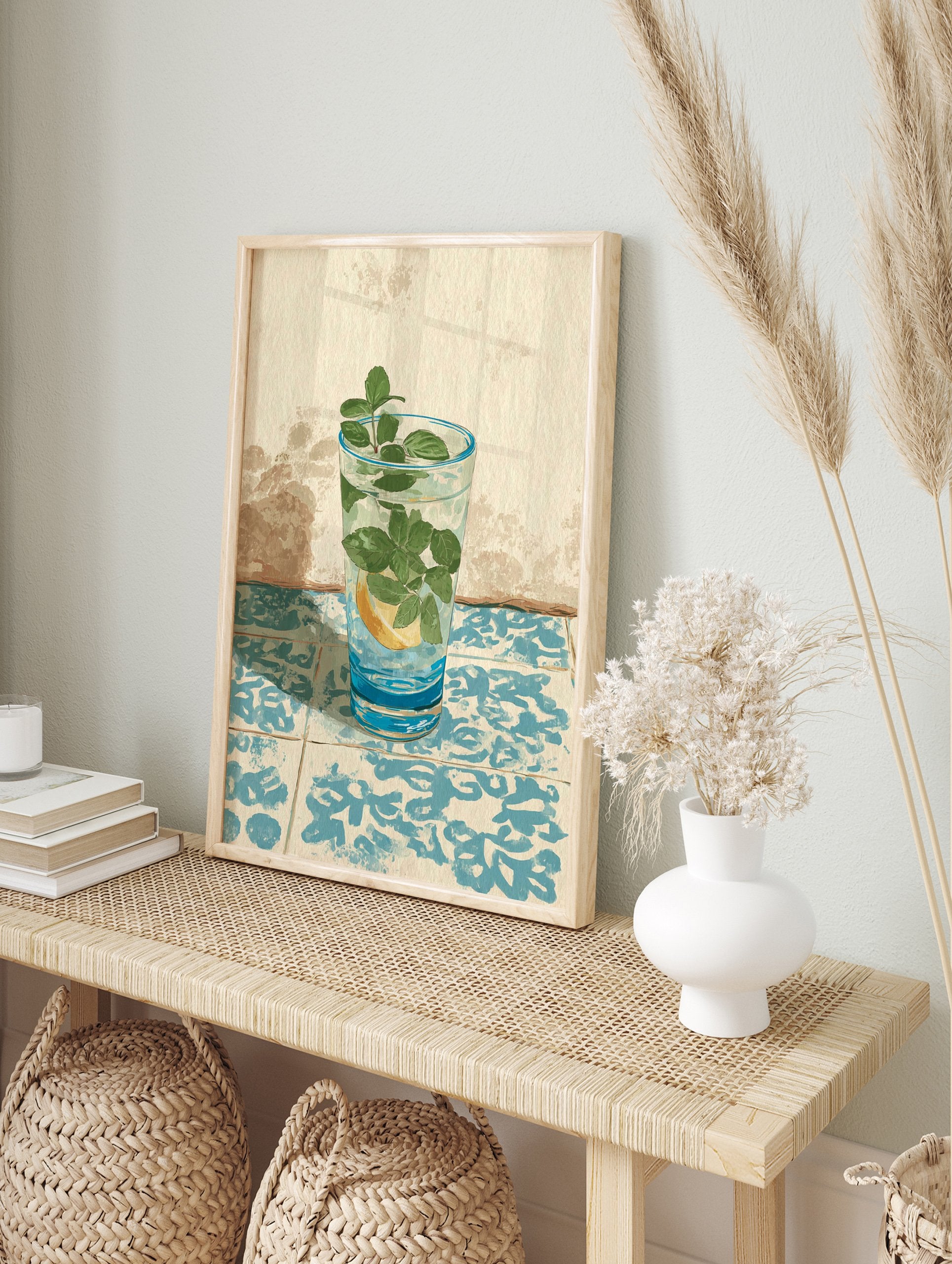 Illustrative refreshing drink wall art with mint, lemon, and ice in a glass on blue patterned tiles against a textured beige wall. - Image 3