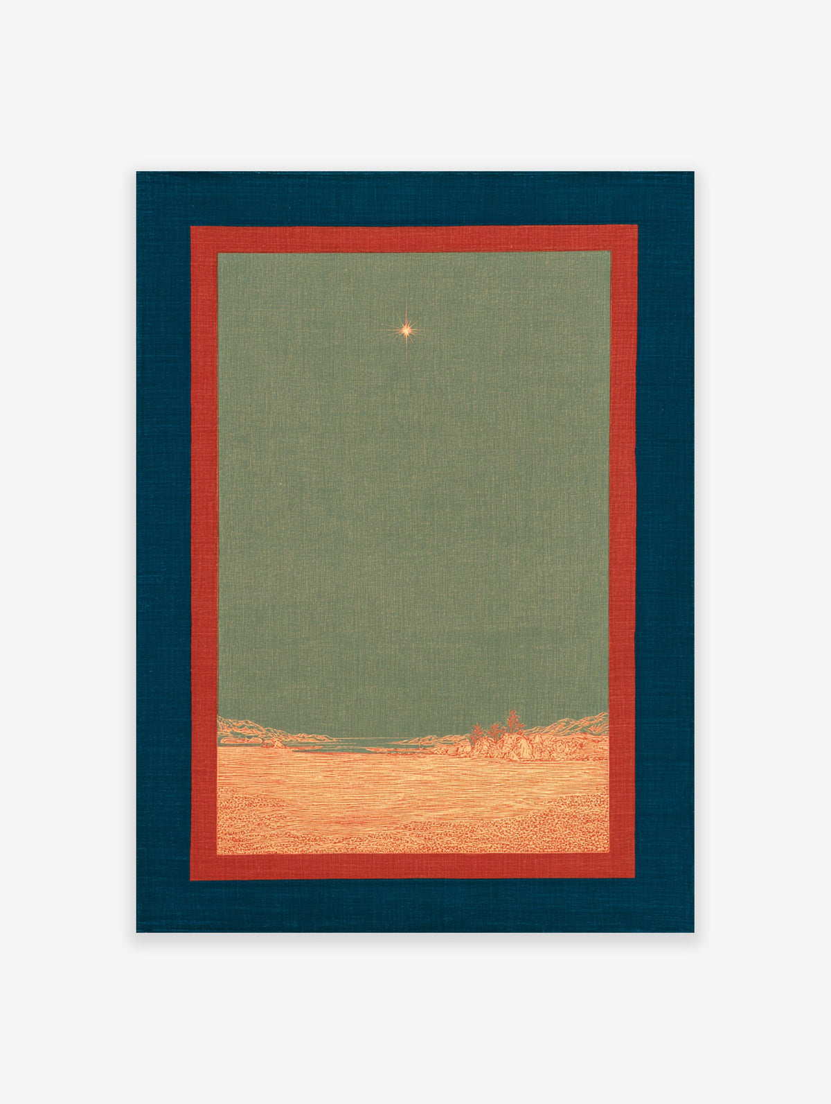 Religious art print with a glowing star over an earthy landscape, framed by deep blue and red borders.