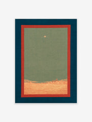 Religious art print with a glowing star over an earthy landscape, framed by deep blue and red borders.