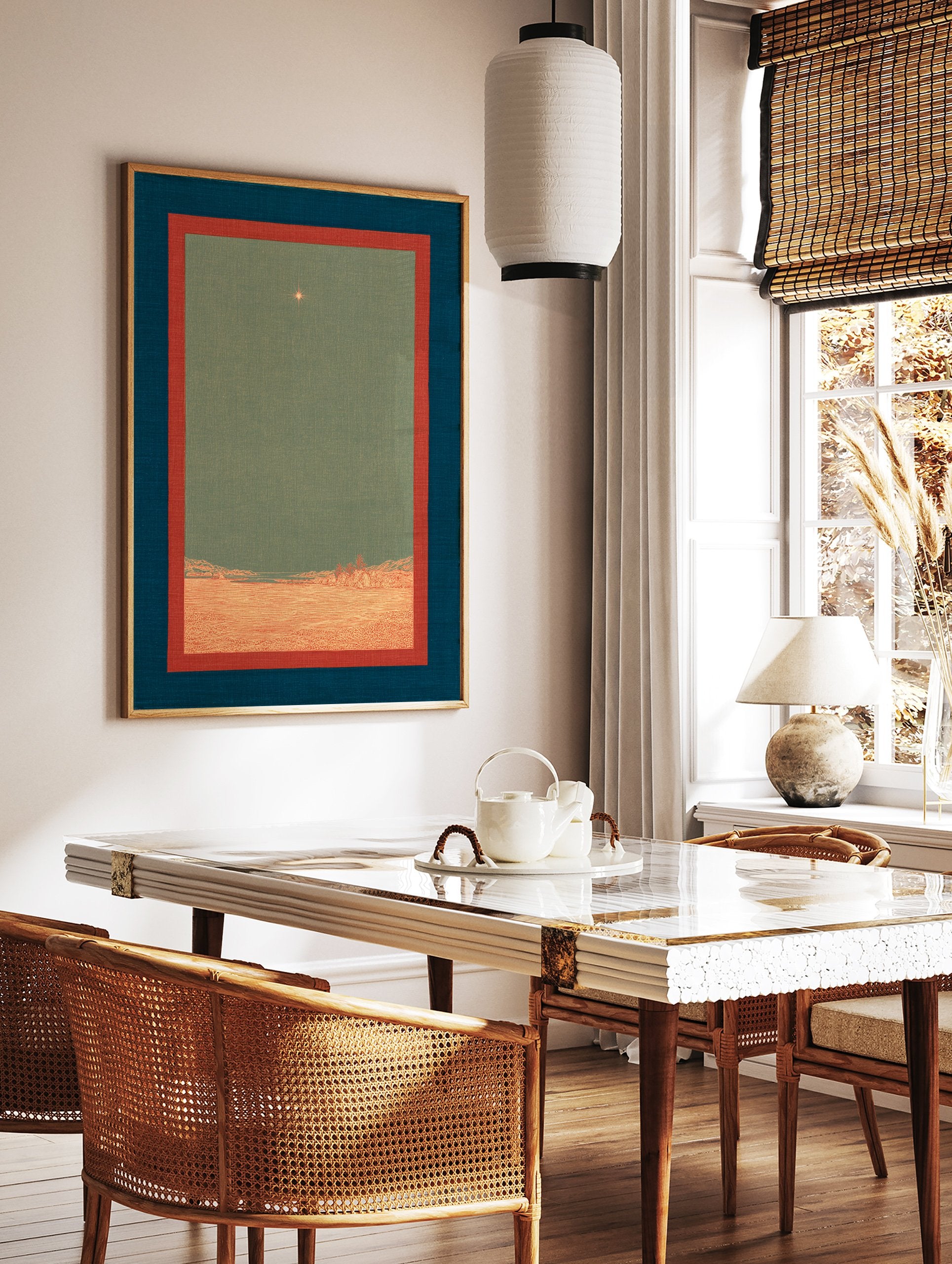 Religious art print with a glowing star over an earthy landscape, framed by deep blue and red borders. - Image 2