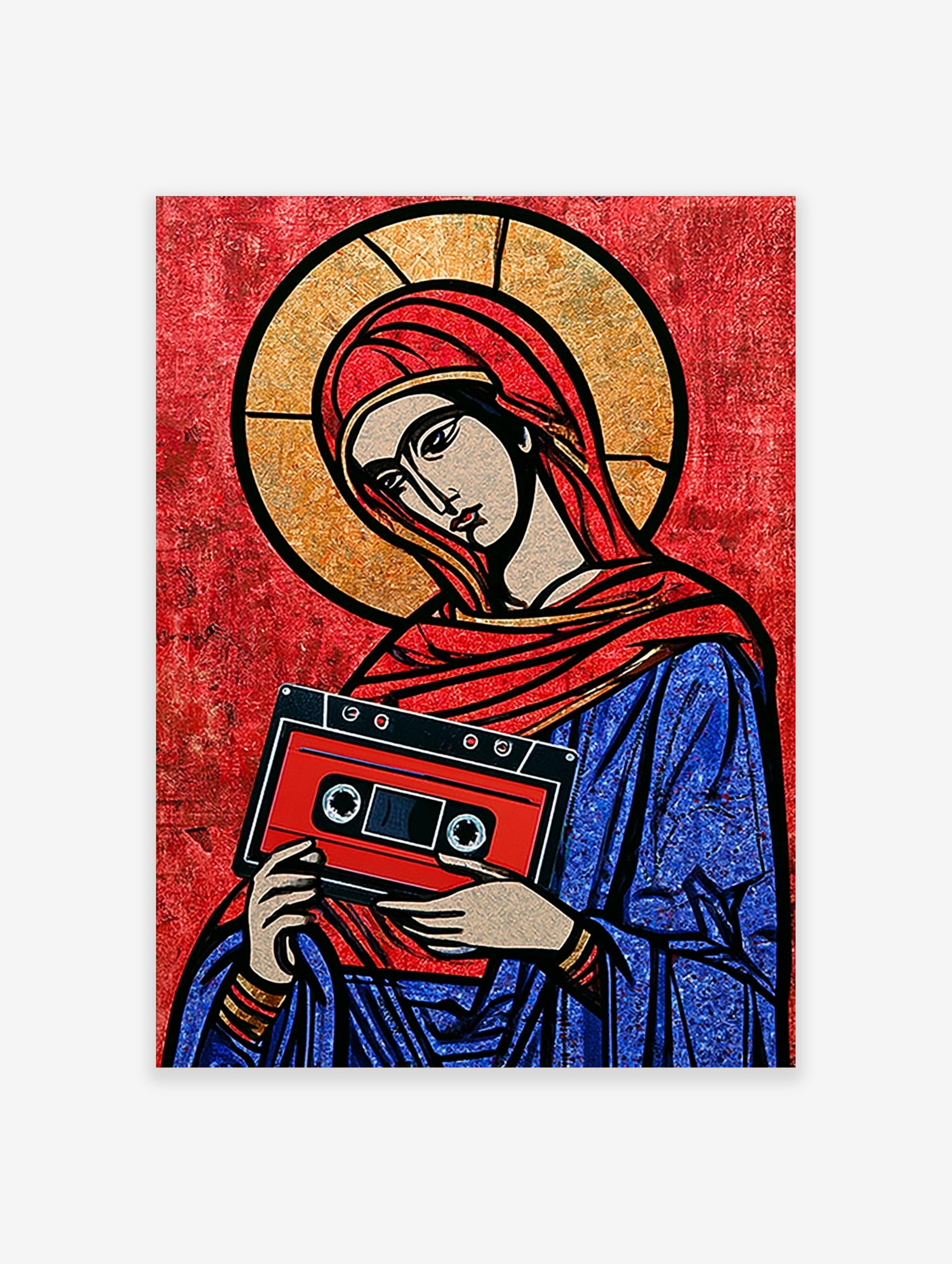 Stylised religious icon illustration holding a red cassette tape on a red background, graphic art print