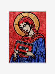 Stylised religious icon illustration holding a red cassette tape on a red background, graphic art print
