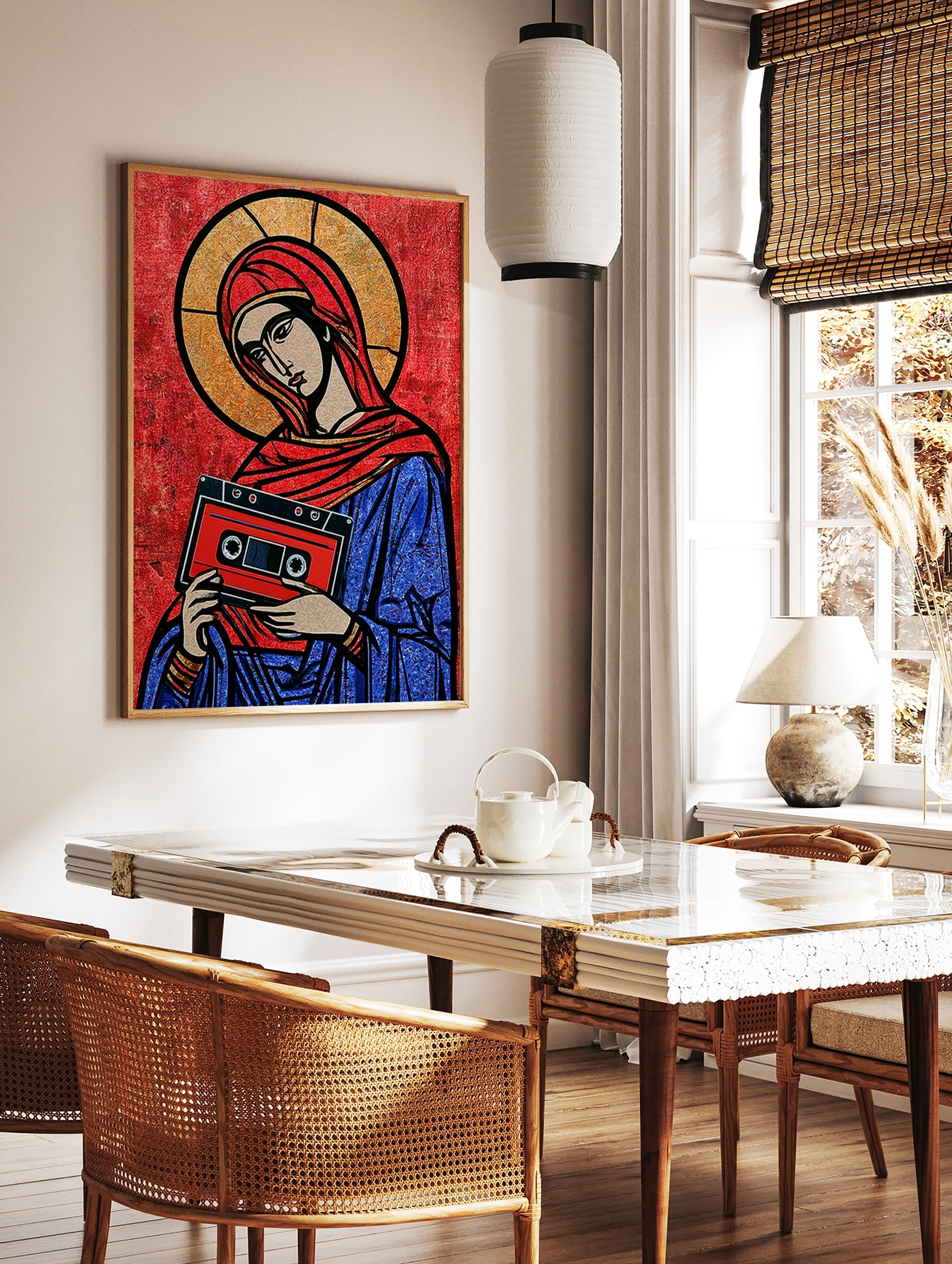 Stylised religious icon illustration holding a red cassette tape on a red background, graphic art, in a styled room mockup