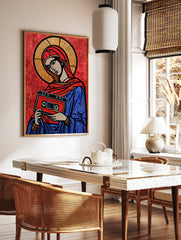 Stylised religious icon illustration holding a red cassette tape on a red background, graphic art, in a styled room mockup