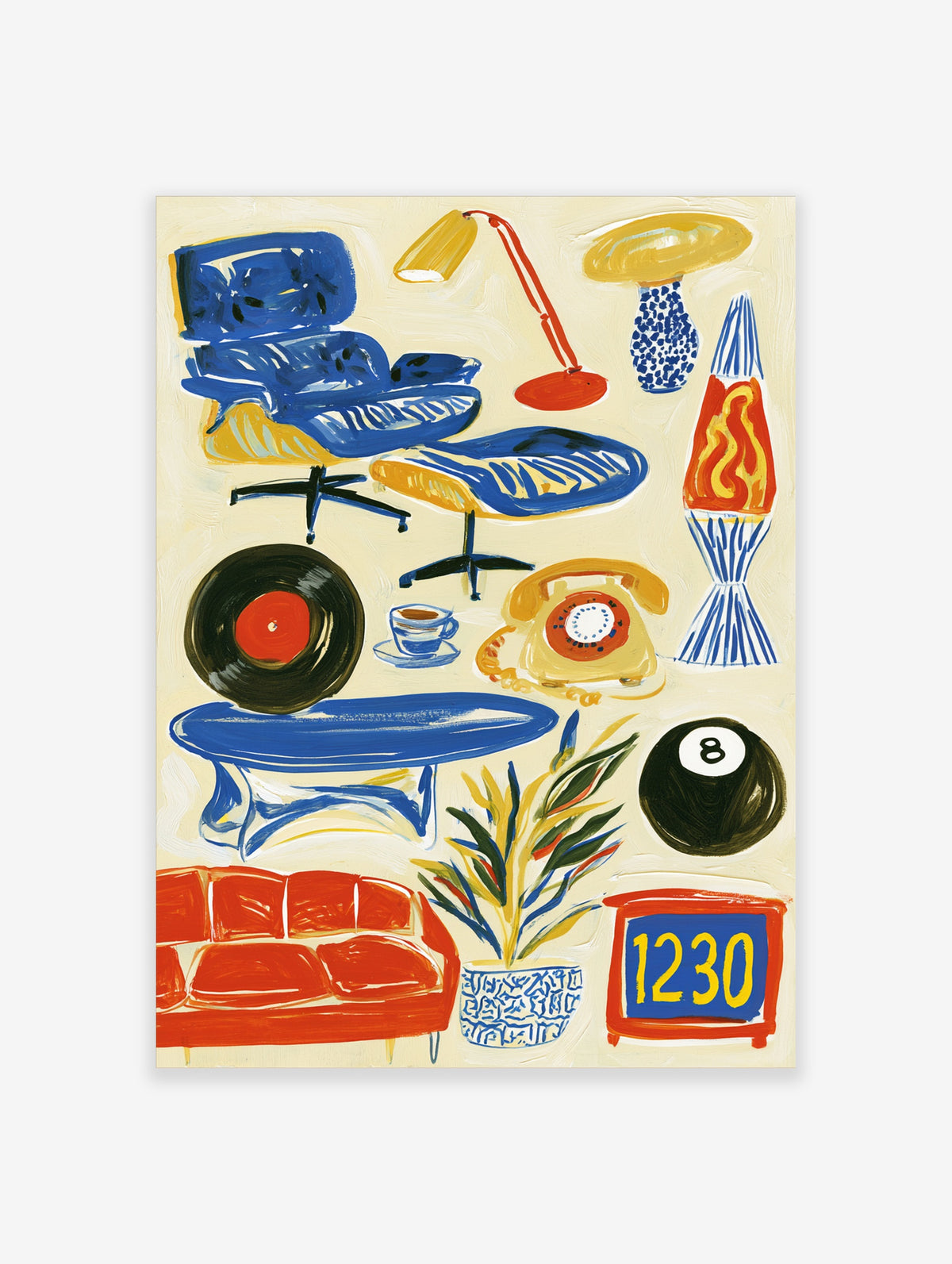 Retro 70s interior poster with blue lounge chair, red sofa, rotary phone, lava lamp, and vinyl record